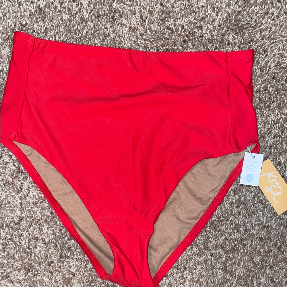 NWT Kona Sol sz L 12-14 Red Extra High Waist Tummy Bikini Bottoms Swim